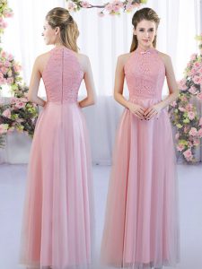 Clearance Pink Empire High-neck Sleeveless Tulle Floor Length Zipper Lace Court Dresses for Sweet 16