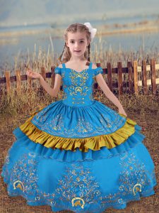 Baby Blue Ball Gowns Beading and Embroidery Pageant Dress for Teens Lace Up Satin Sleeveless Floor Length