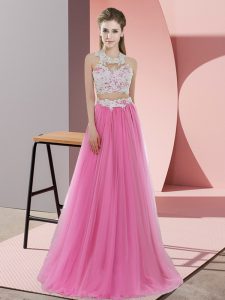 Traditional Rose Pink Sleeveless Tulle Zipper Court Dresses for Sweet 16 for Wedding Party