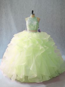 Superior Sleeveless Organza Brush Train Backless Quinceanera Gowns in Yellow Green with Beading and Ruffles