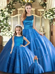 Vintage Sleeveless Tulle Floor Length Lace Up Quince Ball Gowns in Blue with Appliques
