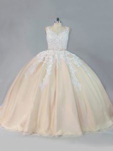 Shining Sleeveless Appliques Zipper Quinceanera Dress with Champagne Court Train