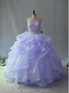 Lavender 15th Birthday Dress Sweet 16 and Quinceanera with Beading and Ruffles Halter Top Sleeveless Backless