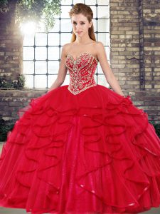 Glorious Red Lace Up Sweetheart Beading and Ruffles Quinceanera Dresses Tulle Sleeveless