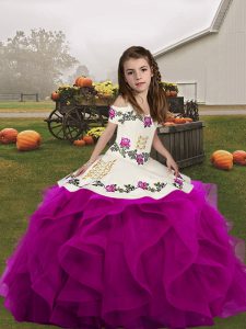 Beautiful Straps Sleeveless Little Girls Pageant Gowns Floor Length Embroidery and Ruffles Fuchsia Organza