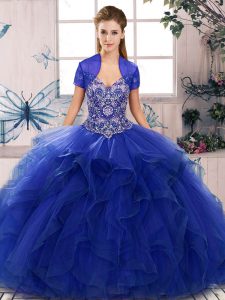 Stunning Royal Blue Sleeveless Tulle Lace Up Quinceanera Dresses for Military Ball and Sweet 16 and Quinceanera