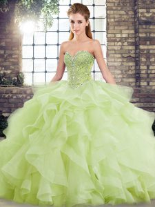 Fantastic Yellow Green Lace Up Sweetheart Beading and Ruffles Quinceanera Dress Tulle Sleeveless Brush Train