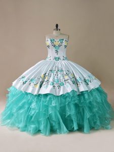 Hot Selling Floor Length Ball Gowns Sleeveless Blue And White Sweet 16 Dresses Lace Up