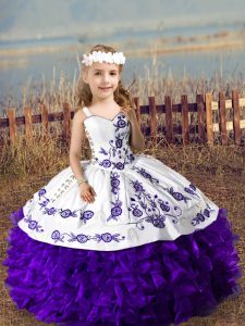 Luxurious Purple Straps Neckline Embroidery and Ruffles Pageant Dress Sleeveless Lace Up