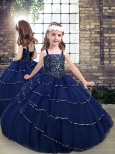 Ideal Navy Blue Little Girl Pageant Gowns Party and Military Ball and Wedding Party with Beading Straps Sleeveless Lace Up