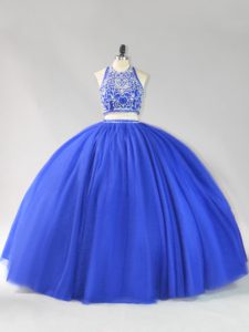 Sumptuous Royal Blue Two Pieces Beading Quince Ball Gowns Backless Tulle Sleeveless Floor Length