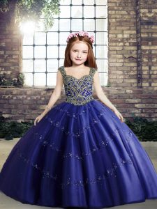 Floor Length Lace Up Kids Pageant Dress Royal Blue for Sweet 16 and Quinceanera with Beading