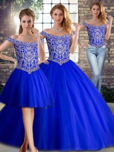 Shining Three Pieces Sleeveless Royal Blue Quinceanera Dress Brush Train Lace Up
