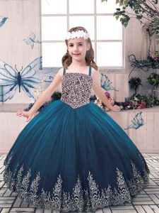 Teal Ball Gowns Straps Sleeveless Tulle Floor Length Lace Up Beading and Embroidery Kids Pageant Dress