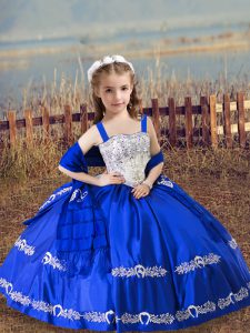 Smart Straps Sleeveless Little Girls Pageant Dress Floor Length Beading and Embroidery Royal Blue Satin