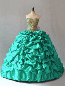 Suitable Turquoise Lace Up Sweetheart Beading and Pick Ups Sweet 16 Quinceanera Dress Taffeta Sleeveless Brush Train
