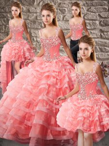 Dynamic Straps Sleeveless Quinceanera Gowns Court Train Beading and Ruffled Layers Watermelon Red Organza