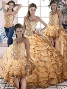 Sweetheart Sleeveless Brush Train Lace Up Quinceanera Gowns Gold Organza