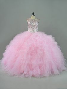 Baby Pink Ball Gowns Beading and Ruffles Sweet 16 Dresses Lace Up Tulle Sleeveless Floor Length