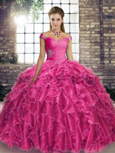 Comfortable Organza Off The Shoulder Sleeveless Brush Train Lace Up Beading and Ruffles 15th Birthday Dress in Fuchsia