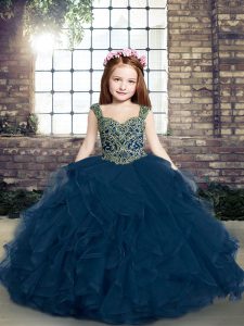 Cute Blue Pageant Dress for Teens Party and Wedding Party with Beading and Ruffles Straps Sleeveless Lace Up