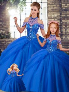 Modest Blue Sleeveless Beading and Pick Ups Lace Up Quinceanera Dresses