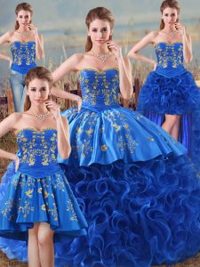 Affordable Floor Length Royal Blue 15 Quinceanera Dress Fabric With Rolling Flowers Sleeveless Embroidery and Ruffles