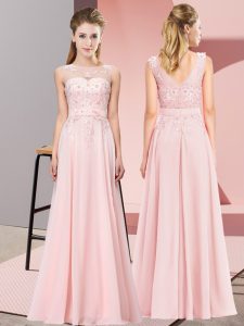 Chiffon Scoop Sleeveless Zipper Beading and Appliques Quinceanera Dama Dress in Baby Pink