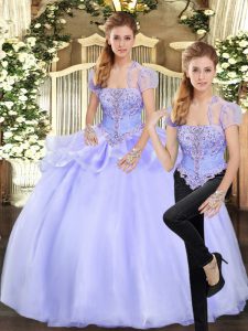 Classical Organza Strapless Sleeveless Lace Up Beading and Appliques Sweet 16 Dresses in Lavender