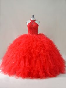 Vintage Sleeveless Floor Length Beading and Ruffles Lace Up Quinceanera Dresses with Red