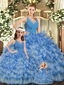 Admirable Ball Gowns 15 Quinceanera Dress Blue V-neck Organza Sleeveless Floor Length Backless