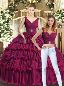 Exceptional Floor Length Burgundy 15 Quinceanera Dress Organza Sleeveless Beading and Ruffled Layers