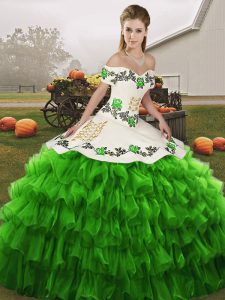 Discount Green Organza Lace Up Off The Shoulder Sleeveless Floor Length Quince Ball Gowns Embroidery and Ruffled Layers