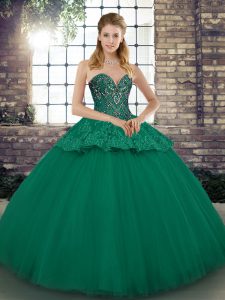Custom Fit Floor Length Lace Up Vestidos de Quinceanera Green for Military Ball and Sweet 16 and Quinceanera with Beading and Appliques