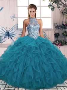 Pretty Tulle Halter Top Sleeveless Lace Up Beading and Ruffles Quinceanera Dresses in Teal