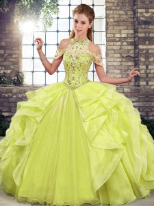 High Quality Yellow Green Organza Lace Up Sweet 16 Dress Sleeveless Floor Length Beading and Ruffles