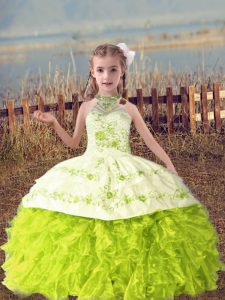 Nice Sleeveless Lace Up Floor Length Beading and Embroidery and Ruffles Little Girls Pageant Dress