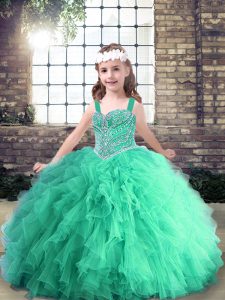 Turquoise Sleeveless Floor Length Beading and Ruffles Lace Up Little Girl Pageant Gowns