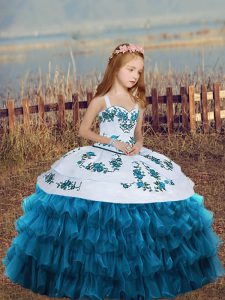 Straps Sleeveless Girls Pageant Dresses Embroidery and Ruffled Layers Lace Up