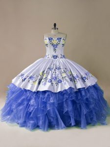 Sweet Blue And White Quince Ball Gowns Satin and Organza Brush Train Sleeveless Embroidery and Ruffles