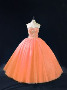 Peach Lace Up 15th Birthday Dress Beading Sleeveless