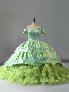 Sleeveless Chapel Train Embroidery and Ruffles Lace Up Quince Ball Gowns