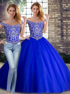 Tulle Off The Shoulder Sleeveless Brush Train Lace Up Beading Sweet 16 Dresses in Royal Blue