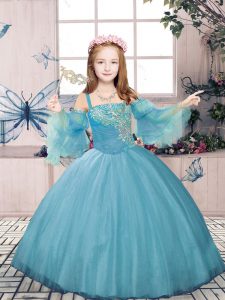 Trendy Straps Sleeveless Tulle Pageant Dress for Girls Beading Lace Up