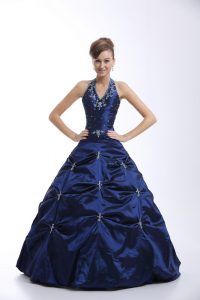 Royal Blue Halter Top Lace Up Embroidery and Pick Ups Ball Gown Prom Dress Sleeveless