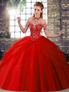 Fine Sleeveless Beading and Pick Ups Lace Up Quinceanera Dresses with Red Brush Train