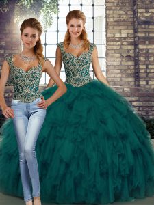 Peacock Green Sleeveless Beading and Ruffles Floor Length Quinceanera Gowns