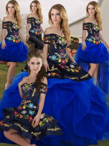 Decent Royal Blue Lace Up Quinceanera Gowns Embroidery and Ruffles Sleeveless Floor Length