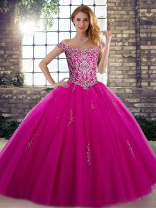 Sweet Floor Length Lace Up Quinceanera Dresses Fuchsia for Military Ball and Sweet 16 and Quinceanera with Beading