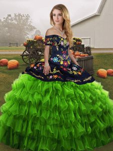 Green Ball Gowns Off The Shoulder Sleeveless Organza Floor Length Lace Up Embroidery and Ruffled Layers Ball Gown Prom Dress
